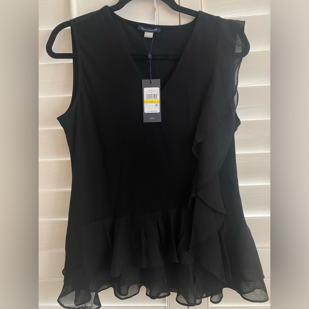 Tommy Hilfiger Women’s V-Neck Sleeveless Top Ruffle On One Side & Bottom Medium